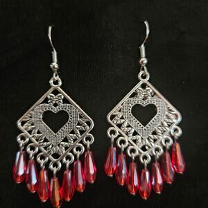 Antique silver filigree and red class crystal chandelier earrings